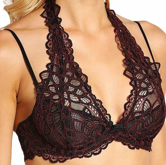 Free People 32D Intimately Free Black Lace Bra Halter Overlay Shoulder Straps - Picture 1 of 5